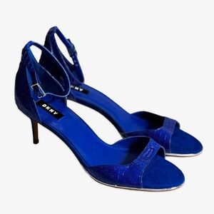 DKNY Leather Sandals Royal Blue Snake Low Heels Party Shoes - Size 10M New
